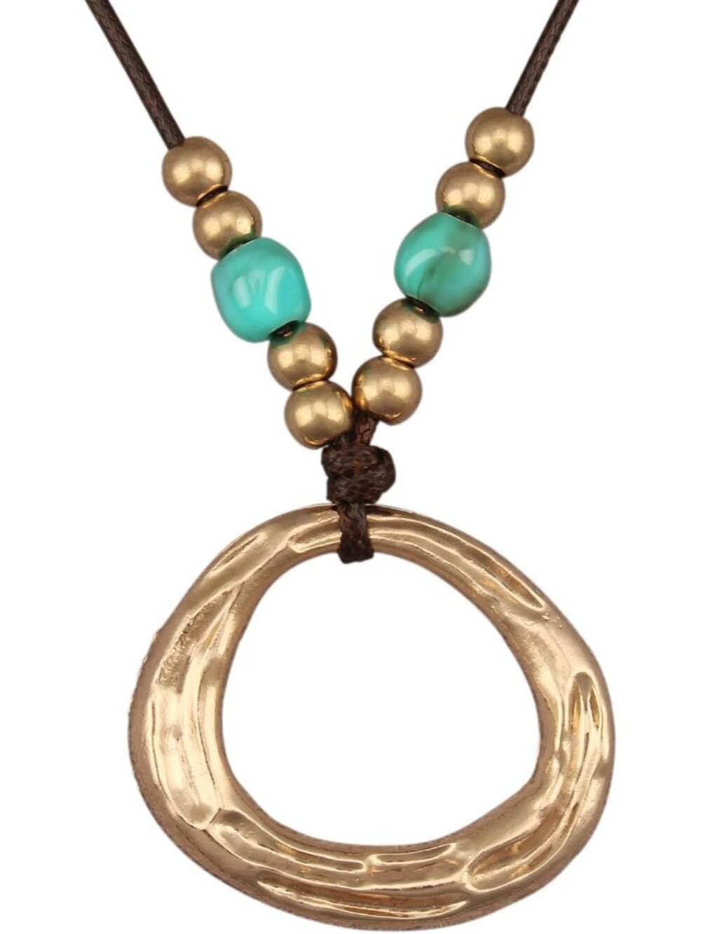 Women's Boho Gold Abstract Hoop Pendant Necklace Turquoise Bead Cord Choker